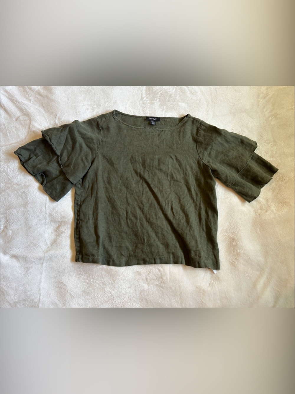 Lord & Taylor Olive Green Ruffle Sleeve Linen Top